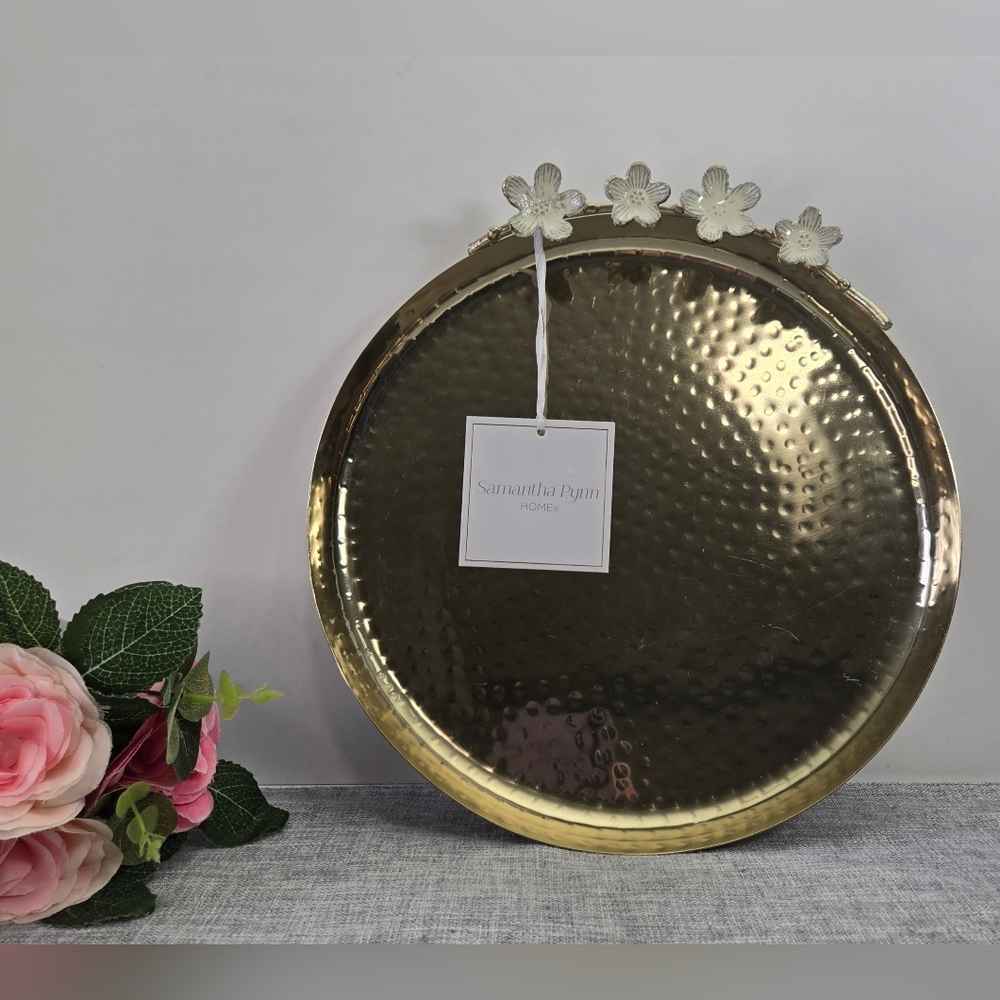 Samantha Pynn Hand Hammered Metal Tray Round With Floral Accents, India 12"